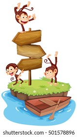 Three monkeys and wooden signs on island illustration