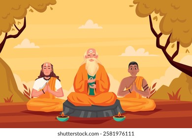 Three monks in traditional attire meditating outdoors, surrounded by trees and mountains. The central monk has a long white beard and is wearing an orange robe, while the others are in simpler robes.