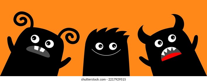 Three monster icon set in the corner. Happy Halloween. Cute cartoon kawaii baby character. Eyes teeth fang tongue. Funny face head black silhouette. Line banner. Flat design. Orange background. Vector