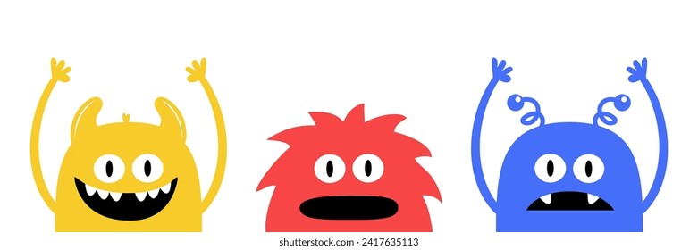 Three monster set line. Happy Halloween. Colorful silhouette head face icon. Eyes, tooth fang, tongue, hands up. Cute cartoon kawaii scary funny baby character. White background. Flat design. Vector