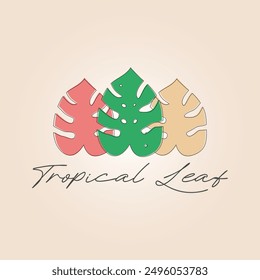 Tres hojas de monstera o diseño de Ilustración vectorial de logotipo de hoja tropical