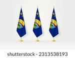 Three Montana flags in a row on a golden stand, illustration of press conference and other meetings. Vector illustration.