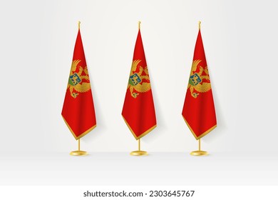 Three Montenegro flags in a row on a golden stand, illustration of press conference and other meetings. Vector illustration.