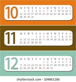 Three Month calendar for year 2013. October, November, December