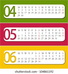 Three Month calendar for year 2013. April, May, June