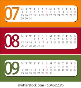 Three Month calendar for year 2013. July, August, September