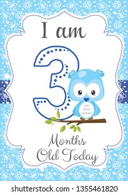 I am three months old - Baby Milestone card. Cute design with blue background and with a Baby owl. - Vector