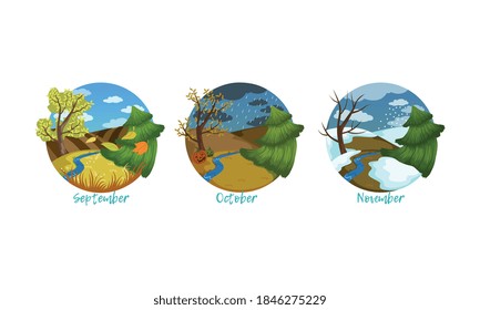 Three Months of the Year Set, Autumn Season Nature Landscape, September, October, November Months Vector Illustration
