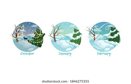 Three Months of the Year Set, Winter Season Nature Landscape, December, January, February Months Vector Illustration