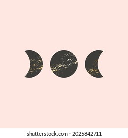 Three Moon phases vector illustration in boho style. Black moons with golden texture, trendy contemporary art