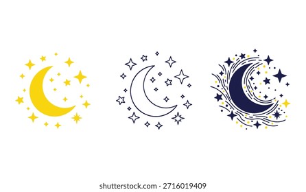 Three moon and star icons in yellow, navy outline, and navy with yellow dots on a white background