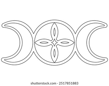 Luna de tres lunas, luna llena con símbolo celta y luna menguante - imagen lineal de Vector para colorear. Esquema. Fases lunares símbolo mágico místico.