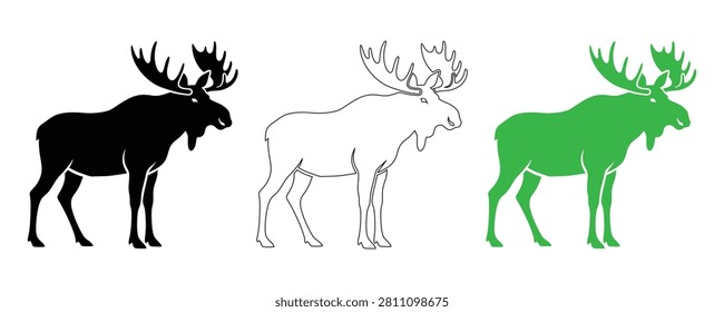 Three moose illustrations in different styles – solid black, white outline, and vibrant green – suitable for logos and branding.