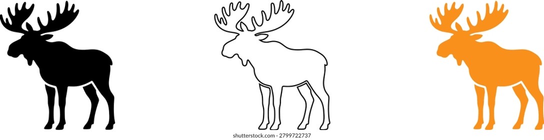 Three moose illustrations presented in distinct styles: solid black silhouette, delicate line drawing, and vibrant orange flat design.