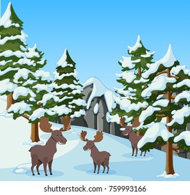 Three mooses in the snow mountain illustration