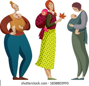 Three mothers with babies in a sling. Vector illustration