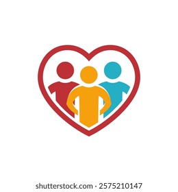 Three motivated people in a heart shape line logo concept. Love community elegant symbol. Teamwork cooperation theme colorful icon.