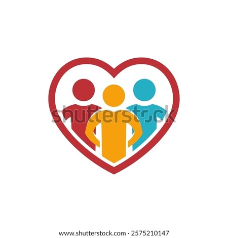Three motivated people in a heart shape line logo concept. Love community elegant symbol. Teamwork cooperation theme colorful icon.