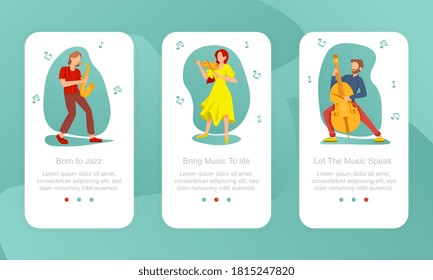 Three motivational Music Festival poster designs showing musicians playing instruments above inspirational text, colored vector illustration