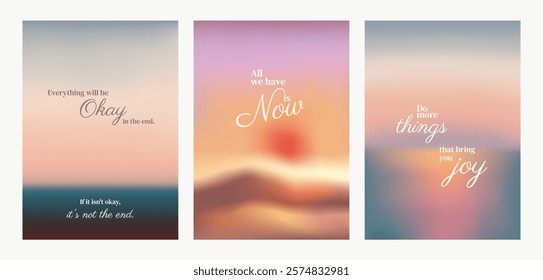 Three motivational posters with backgrounds. Each poster features inspirational quotes. Motivational, inspirational, quotes repeated on each design. Pastel inspirational quote poster template vectors.