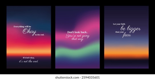 Three motivational posters with colorful and inspirational quotes. Each poster features a unique blend of vibrant colors and uplifting messages. Sunset sky inspirational quote poster template vectors.