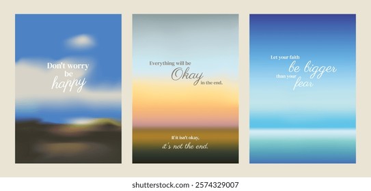 Three motivational posters. Each poster features an inspirational quote in elegant typography. Uplifting, motivational, and positive messages. Motivational quote poster template vectors.