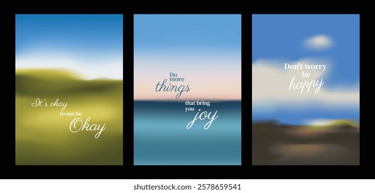 Three motivational posters. Each poster features uplifting quotes about joy, happiness, and being okay. Joy, happiness, and okayness emphasized. Motivational quote poster template vectors.