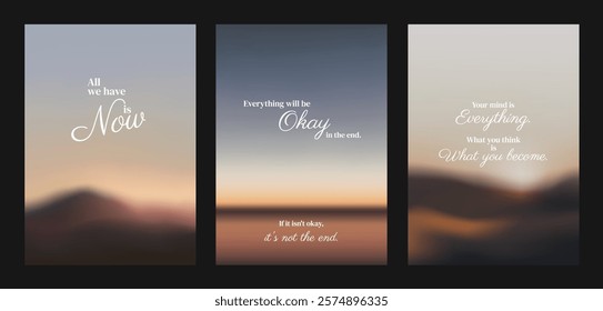 Three motivational posters with inspirational quotes. Blurred backgrounds with phrases in elegant fonts. Aesthetic inspirational quote poster template vectors.