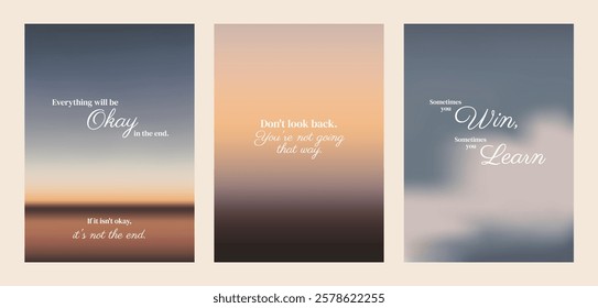 Three motivational posters with inspirational quotes. Soft gradient backgrounds, motivational, inspirational messages. Positive, uplifting vibes. Aesthetic inspirational quote poster template vectors.