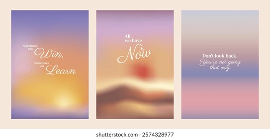 Three motivational posters with quotes. Soft pastel backgrounds with phrases about time, winning, and learning. Uplifting and positive messages. Pastel inspirational quote poster template vectors.