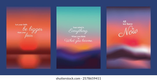 Three motivational posters with sunset backgrounds. Inspirational quotes over sunset, sunset hues, and motivational text create a calming effect. Pink sky positivity quote poster template vectors.