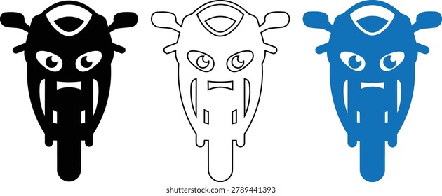 Three motorcycle front profile designs featuring solid black silhouette, thin line art, and blue flat vector illustration. Sport bike headlamp and fairing design.
