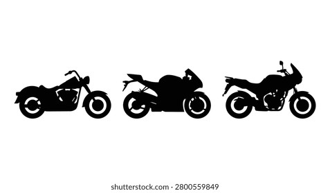 Three motorcycle silhouettes displayed in a row against a white background a stark black shape motorbikes bikes sportbike