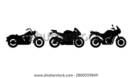 Three motorcycle silhouettes displayed in a row against a white background a stark black shape motorbikes bikes sportbike