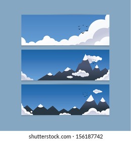 Three mountain banners for website or presentation. Concept is freedom, tourism and traveling. High mountains with clouds and birds. Vector illustration with space for your content.