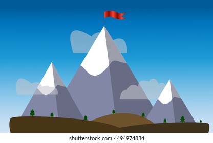 three mountain flat landscape, red flag on the top