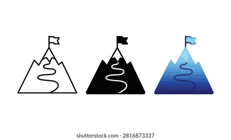 Three mountain icons show winding paths with flags at the summit