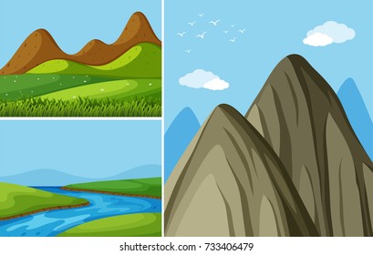 Three mountain scenes with river and field illustration