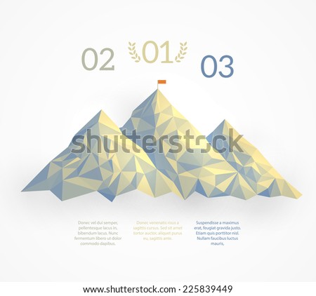 Three mountain tops repeating the winners pedestal with a flag on the highest mount. A template for a business concept of leadership and achievement. Representing 1st 2nd and 3rd place. EPS10 vector.
