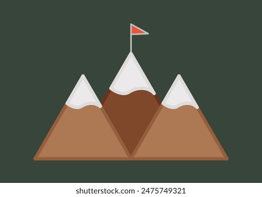 Three mountains with snow-capped peaks and a flag on the summit