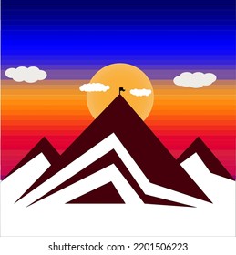 tres montañas, una puesta de sol y amanecer, y una bandera sobre ellas, un bosque en la cima de la cresta, puesta de sol, puesta de luna, luna llena en medio de la montaña, puesta de sol y una bandera, monte el Everest, cresta marrón.
