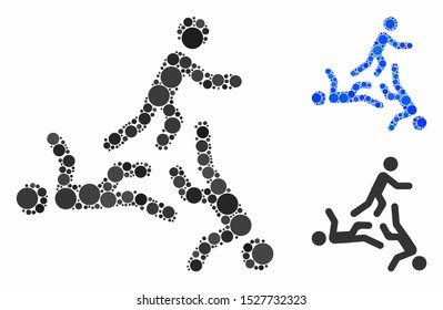 Three moving men mosaic of circle elements in various sizes and shades, based on three moving men icon. Vector circle elements are united into blue mosaic.