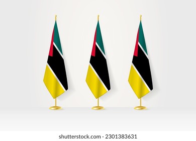 Three Mozambique flags in a row on a golden stand, illustration of press conference and other meetings. Vector illustration.