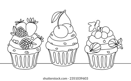 Tres muffins con bayas diferentes. Día Internacional de Berries Muffin. Un dibujo de línea para diferentes usos. Ilustración vectorial.