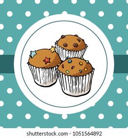 Three muffins for logo on dotted background in vector EPS8