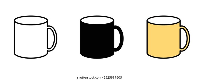 Three Mug icons, mug icon in outline style, silhouette and in editable colors in unexpanded editable vector form, the first one is in outline style, 