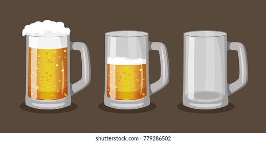 Three mugs of light beer with one full, one half-full and one empty. Vector illustration in cartoon style