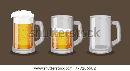 Three mugs of light beer with one full, one half-full and one empty. Vector illustration in cartoon style