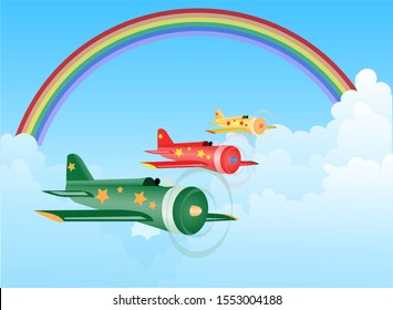 Three multi colored airplanes making aerobatics maneuvers in the blue sky with a beautiful rainbow. Vector illustration about aviators and aircrafts.