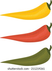 three multi colored chili peppers on isolated background